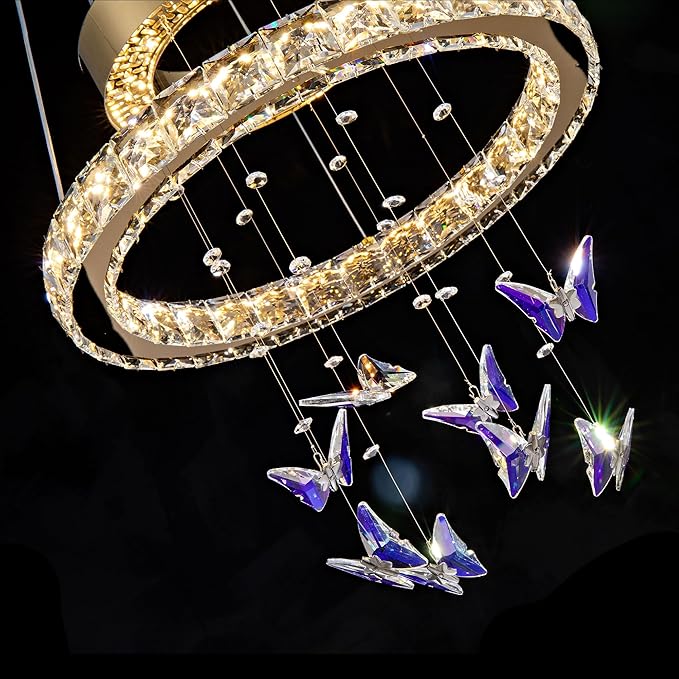 D 18" LED Gold Crystal Butterfly Chandelier, Dimmble LED Light Fixtures with Remote, Gold Modern Round Ring Crystal Chandeliers, for Dining Room, Kitchen Island, Entryway, Living Room, Bedroom