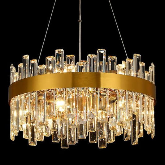 Crystal Chandeliers for Dining Room Lights Fixtures, 12 Lights Luxury Gold Modern Chandeliers for Bedroom, 2-Tier Round Crystal Lighting Fixtures for Living Room Entryway Kitchen Island D20 Inch