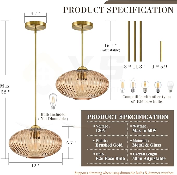 12" Amber Glass Modern Pendant Light Kitchen Island Brushed Gold Mid Century Modern Pendant Lighting with Clear Amber Glass Hanging Pendant Light for Dining Room（Bulb Incl.）