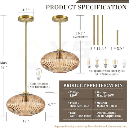 12" Amber Glass Modern Pendant Light Kitchen Island Brushed Gold Mid Century Modern Pendant Lighting with Clear Amber Glass Hanging Pendant Light for Dining Room（Bulb Incl.）