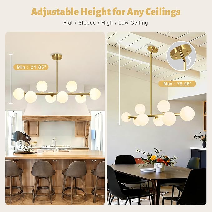 Mid Century Linear Chandeliers for Dining Room, 8-Light Modern Sputnik Chandeliers 37" Gold Chandelier Dining Room Light Fixture White Glass Globe Chandelier Island Lights, Electroplated Brass
