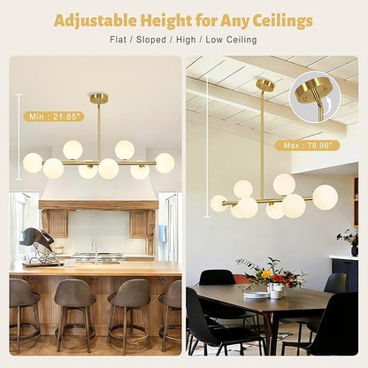 Mid Century Linear Chandeliers for Dining Room, 8-Light Modern Sputnik Chandeliers 37" Gold Chandelier Dining Room Light Fixture White Glass Globe Chandelier Island Lights, Electroplated Brass