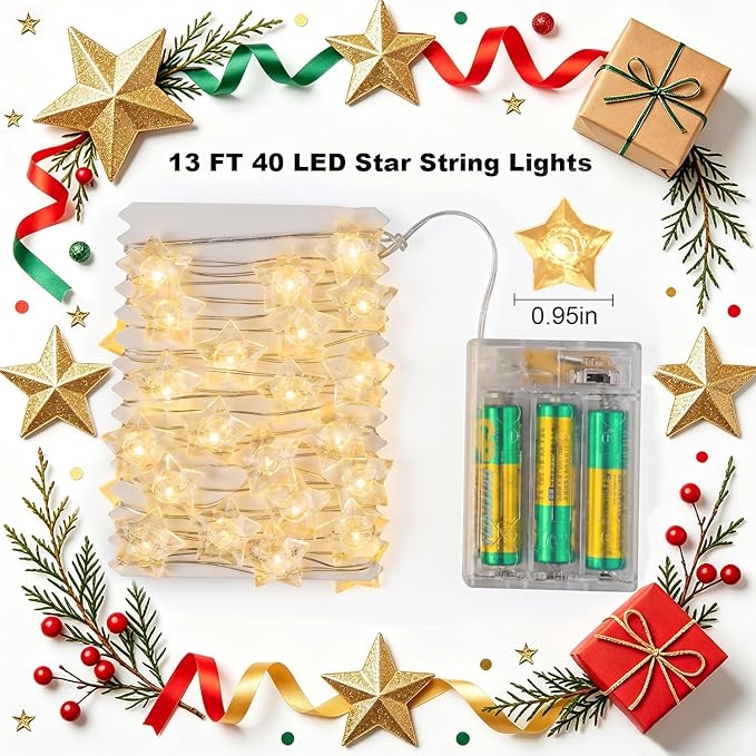 BOHON Star Fairy Lights Battery Operated, 13 FT 40 LED String Lights for Bedroom, Warm White Star Garland Twinkle Lights for Indoor Dorm Classroom Curtain Cute Room Wedding Decor, with Timer