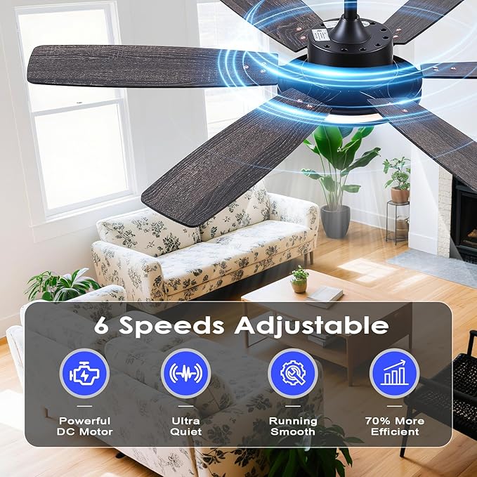 Hounberi Ceiling Fans with Lights, 52 Inch Black Ceiling Fan with Light and Remote Control, 3CCT, 6 Speeds, Quiet Reversible DC Motor, Dimmable, Ceiling Fan for Bedroom, Patio, Living Room