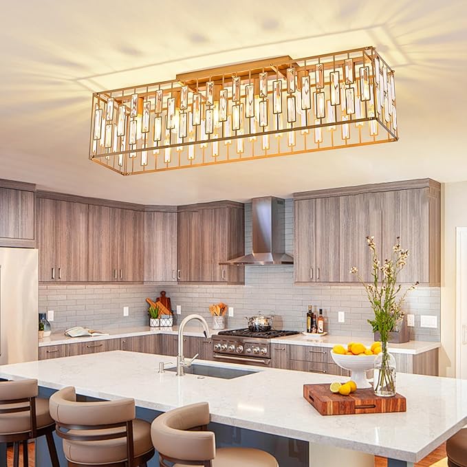 Garwarm 38.7 inch Gold Crystal Chandelier for Living Room, 6-Light Rectangle Flush Mount Ceiling Light Modern Chandeliers for Dining Room,Kitchen Chandeliers Over Table