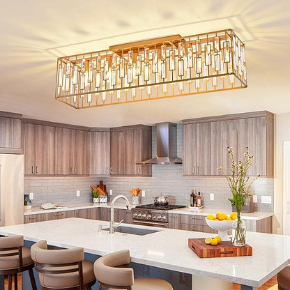 Garwarm 38.7 inch Gold Crystal Chandelier for Living Room, 6-Light Rectangle Flush Mount Ceiling Light Modern Chandeliers for Dining Room,Kitchen Chandeliers Over Table