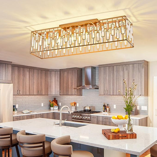 Garwarm 38.7 inch Gold Crystal Chandelier for Living Room, 6-Light Rectangle Flush Mount Ceiling Light Modern Chandeliers for Dining Room,Kitchen Chandeliers Over Table