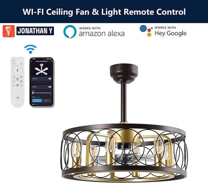 JONATHAN Y 21.6" Oil Rubbed Bronze/Gold Painting Caged Ceiling Fan with Lights, 6-Speed Industrial Farmhouse Flush Mount Fan with Remote and App Control, Metal Cage Shade, 6 LED Bulbs (JYL9732B)