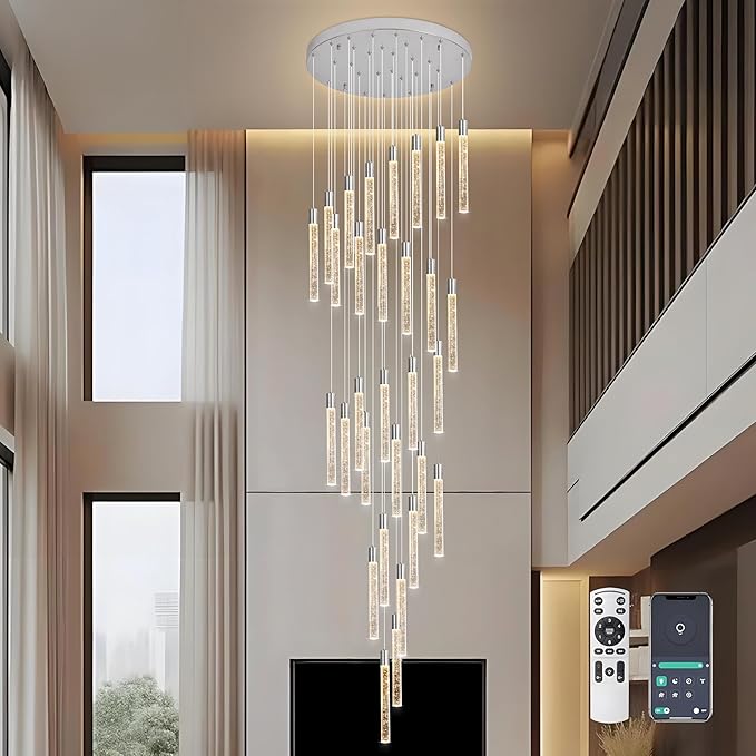 30-Lights Bubble Chandelier for Entryway High Ceiling-196 Height Adjustable Crystal Chandelier,3 Color Temperature Dimmable LED Pendant Light Fixture for Foyer Living Room Staircase,Chrome