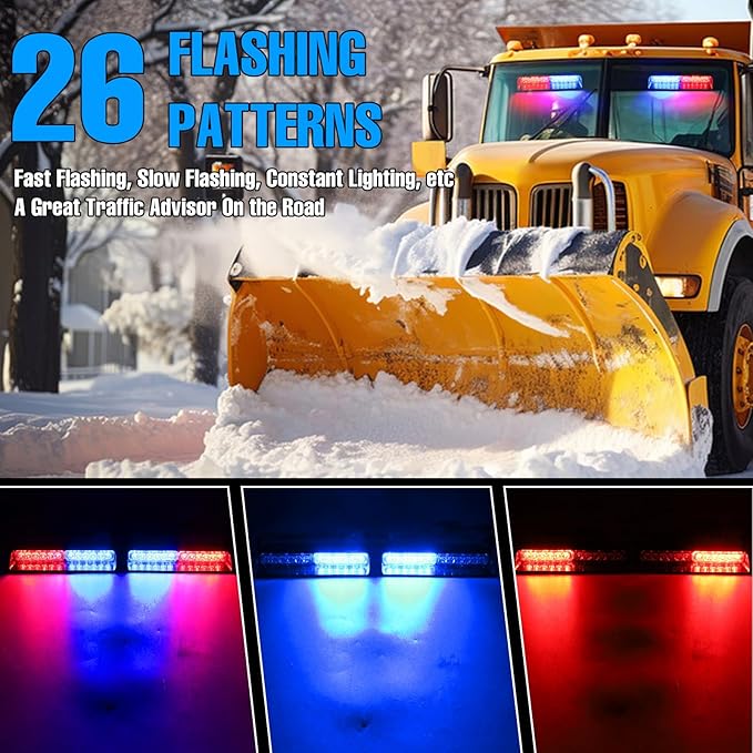 Red & Blue LED Windshield Dash Strobe Lights, 26 Modes 12/24V 2 x 8.4” Red Blue Warning Light, Emergency Traffic Advisor Front/Rear Window Dash Strobe Lights for Trucks Vehicles