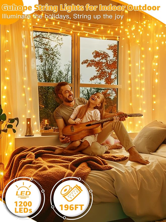 Guhope Christmas String Lights 1200LED 196FT, 8 Modes Dimmable Fairy Lights with Remote and Timer, Waterproof Christmas Lights for Festive Decoration Indoor Wedding Party Holiday (Warm White)