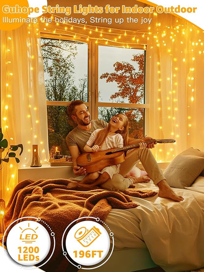 Guhope Christmas String Lights 1200LED 196FT, 8 Modes Dimmable Fairy Lights with Remote and Timer, Waterproof Christmas Lights for Festive Decoration Indoor Wedding Party Holiday (Warm White)