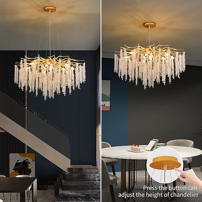 Crystal Tree Branches Chandeliers Luxury Round Raindrop Pendant Light Fixture Ceiling Hanging Light for Dining Room Bedroom Living Room Entryway D31.5“ Gold