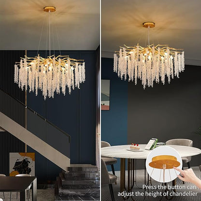 Crystal Tree Branches Chandeliers Luxury Round Raindrop Pendant Light Fixture Ceiling Hanging Light for Dining Room Bedroom Living Room Entryway D31.5“ Gold