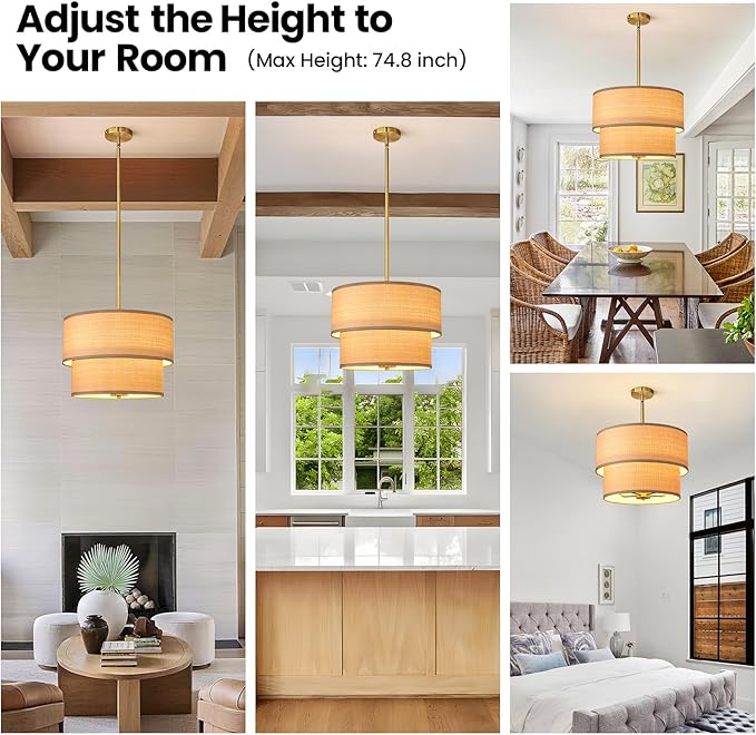 RUIYEY Rattan Chandelier Light Fixtures: 17 inch Boho Pendant Lights with Wicker Lampshade, E12 5 Lights Height Adjustable Hand Woven Hanging Drum Chandeliers for Dining Room Kitchen Living Room