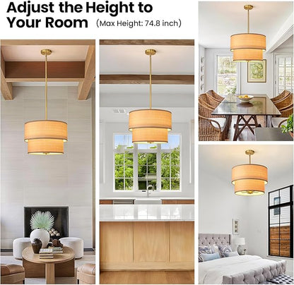 RUIYEY Rattan Chandelier Light Fixtures: 17 inch Boho Pendant Lights with Wicker Lampshade, E12 5 Lights Height Adjustable Hand Woven Hanging Drum Chandeliers for Dining Room Kitchen Living Room