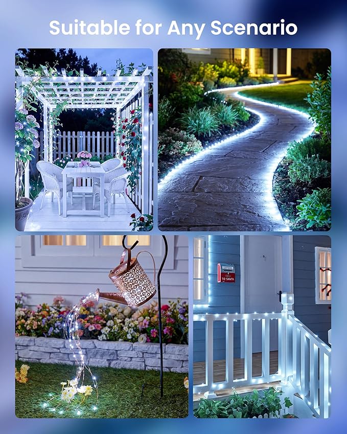 Minetom 2 Pack Solar String Lights, Total 66Ft 200 LED Solar Fairy Lights Outdoor Waterproof, 8 Modes Firefly Starry Moon Twinkle Lights for Yard Garden Patio Tree DIY Crafts Wedding Party(Cool White)