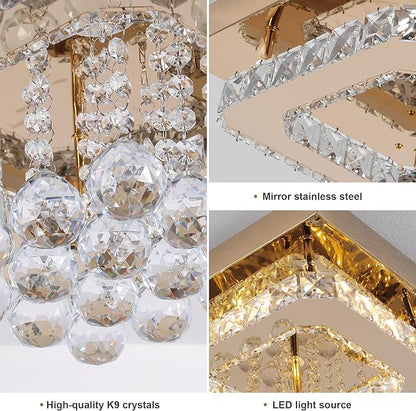 18 inch Flush Mount Chandelier Crystal Ceiling Light with Remote Control/APP, 3CCT Dimmable&Brightness Adjustable, Modern Crystal Raindrop Gold Chandeliers for Bedroom Hallway Dinning Room Living Room