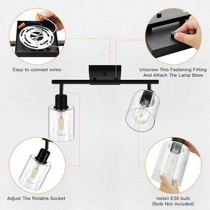 BoostArea LED 2 Light Track Lighting Kit, 2 Way Ceiling Spot Lighting with Glass Lampshade, Flexibly Rotatable Light Head for Kitchen, Living Room, Bedroom, Bulb Not Included