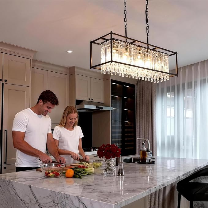 Crystal Chandeliers for Dining Room, Modern Black Chandelier for Living Room, Adjustable Height, 5-Light Pendant Light Fixture, Rectangle Lighting for Kitchen Island Living Room-L35.4"