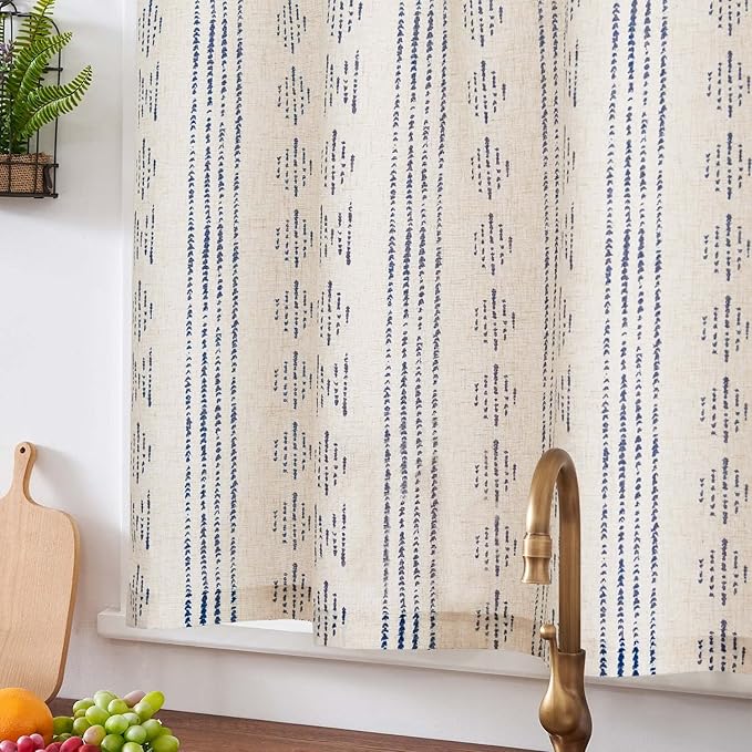 jinchan Boho Kitchen Curtain Linen Tier Curtain Bohemian Cafe 24 Inch Geometric Striped Small Window Drape Light Filtering Farmhouse Country Rustic for Bathroom RV 1 Panel Blue on Beige