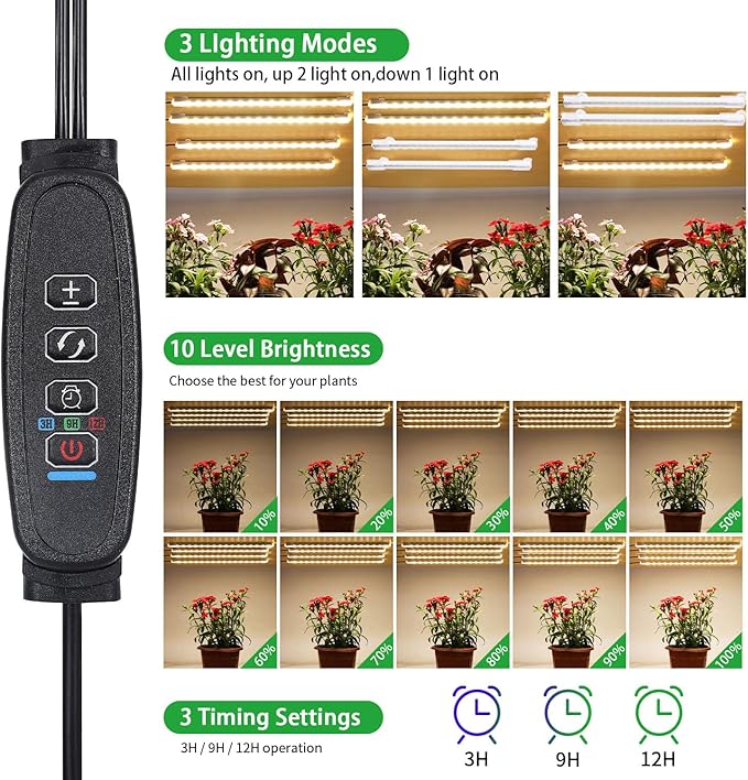 8.6 Inches LED Grow Light Strips, Grow Lights for Indoor Plants Full Spectrum 3500K, 104 LEDs Plant Light with 10 Dimmable Levels, 3/9/12H Timer for Seedling Succulent and Plant Shelf, 4 Head 1 Pack