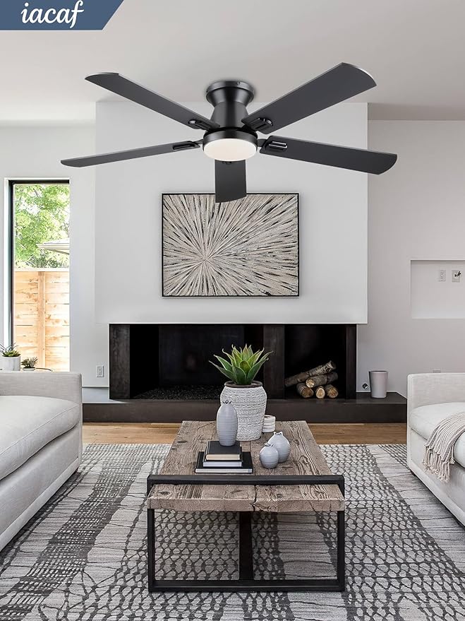 Ceiling Fans with Lights, 52'' Low Profile Ceiling Fan with Light and Remote/APP Control, Dimmable, Qiuet DC Motor, Flush Mount Ceiling Fan for Indoor Bedroom Living Room, Black