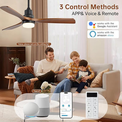 Sofucor Smart Ceiling Fan, 52" Low Profile Ceiling Fans with Lights and Remote, Compatible with Alexa/Google/App, 3-Color Light 6-Speed DC Motor Reversible Timer for Bedroom Living Room Patio Outdoor
