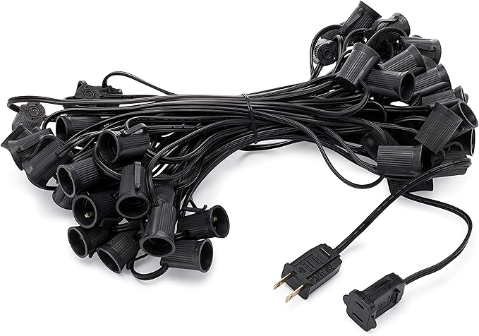 Holiday Lighting Outlet C9 Christmas Light String, Patio Event Lighting, Black Cord, 12" Socket Spacing, E17 (50')