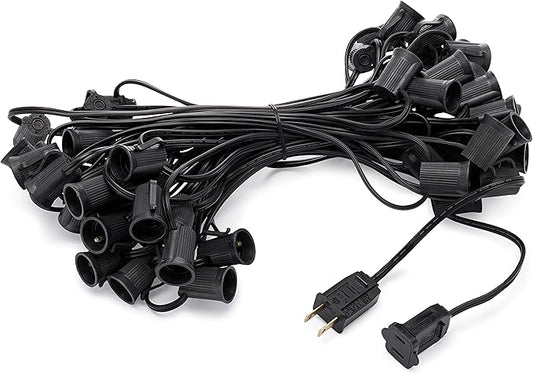 Holiday Lighting Outlet C9 Christmas Light String, Patio Event Lighting, Black Cord, 12" Socket Spacing, E17 (50')