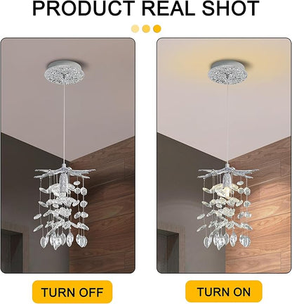 Modern K9 Crystal Tree Branches Chandelier, 8.6in Silver 1 Lights Large Ceiling Hanging Light for Dining Room, Round Tassel Ceiling Hanging
