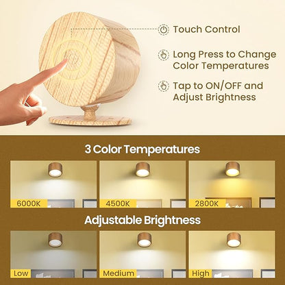 Wall Mounted Lamp LED Wall Lights with Rechargeable Battery Operated, 3 Color Temperatures & 3 Brightness Levels 360°Rotate Magnetic Ball, Cordless Sconces for Reading Bedroom Bedside,Wood-2 Pack