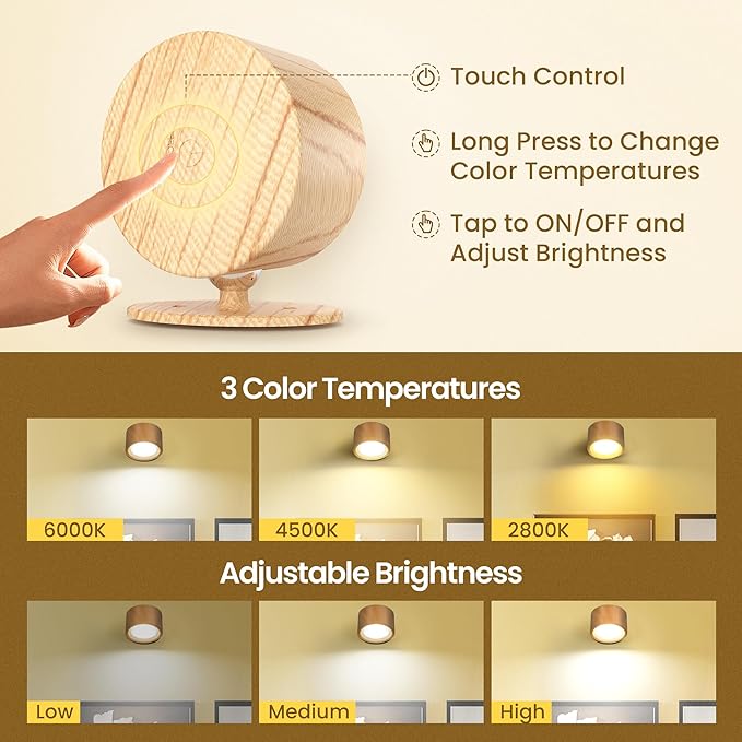 LED Wall Mounted Lamps, Battery Operated Rechargeable Wall Lights, 3CCT & Dimmable, 360°Rotation with Magnetic Ball, Cordless Wall Sconces for Picture Bedside Bedroom Reading, Wood-2 Pack