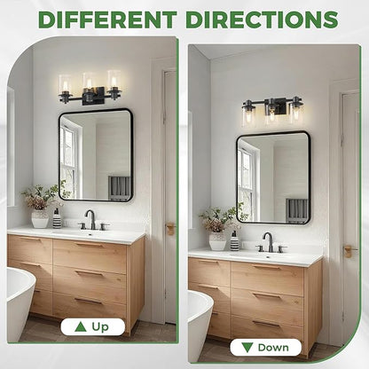 DORESshop 20 Inch Upgraded Bathroom Light Fixtures, 3-Light Black Bathroom Lighting Fixtures Over Mirror with Clear Glass Shade, Vanity Lights for Bathroom Living Room Bedroom, ETL Listed