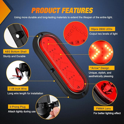 Nilight 6Inch Oval Tail Light 2PCS 35LED Arrow Red Running Stop Brake Lights Surface Mount Waterproof for 12V Caravan Truck RV Camper Trailer Bus