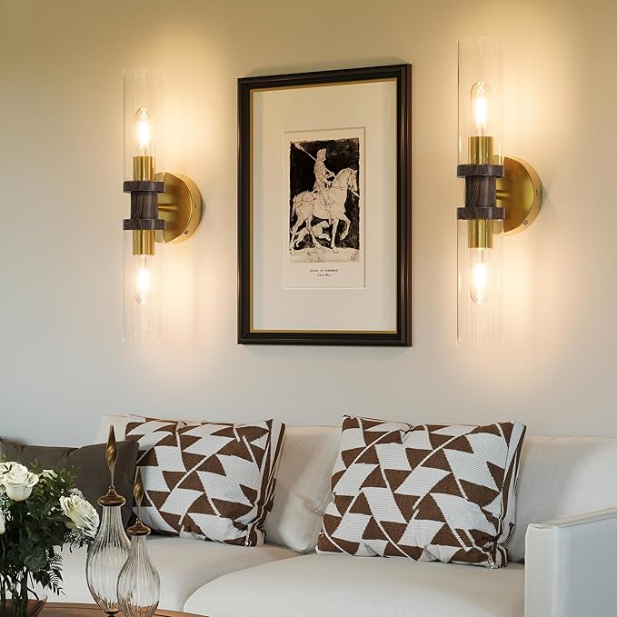 10000mAh Battery Operated Wall Sconce Set of 2, Gold & Walnut Rechargeable Wall Sconces, Modern Cordless Wall Lights with Remote Control, Dimmable for Living Room, Bedroom, Hallway, Entryway 3000K