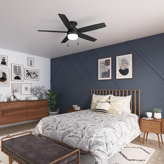 Hunter Ceiling Fan with LED Light - Black Ceiling Fan with Pull Chain, For Bedroom or Living Room, Standard Mount, No Remote, 5 Blades, Includes Bulbs - Anisten (Matte Black, 52 Inch)