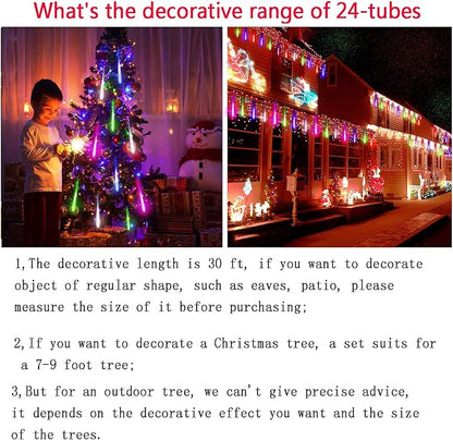 Kwaiffeo Icicle Lights Outdoor, 24 Tubes(Equivalent to Pack of 3 8-Tube) Meteor Shower Lights for Xmas Halloween Decorations Yard Party Tree, Multi Color(Purple Blue Green White)
