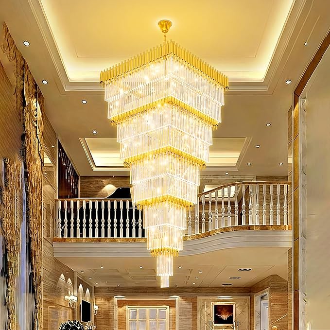 W40 x H120 Large Gold Chandeliers for High Ceiling, 37-Light Square Tiered K9 Crystal Raindrop Chandelier, Adjustable Height Luxury Pendant Light for Staircase, Villa Foyer, Entryway
