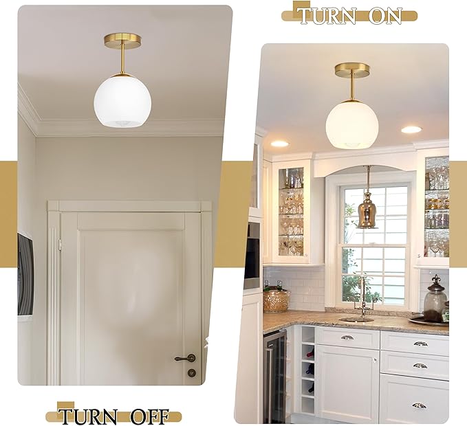 Bagood Gold Semi Flush Mount Ceiling Light Fixture Milk Glass Light Fixture Mid Century Flush Mount Ceiling Lights Brass Flush Mount Ceiling Schoolhouse Lights for Dining Room(Bulb Incl.)