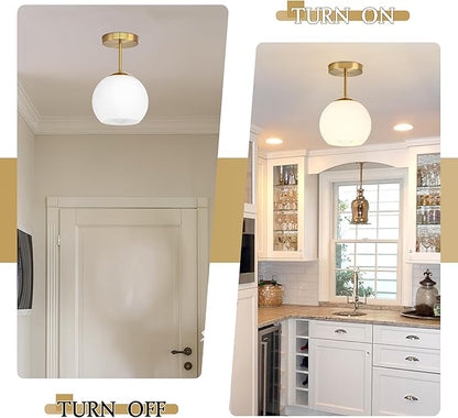 Bagood Gold Semi Flush Mount Ceiling Light Fixture Milk Glass Light Fixture Mid Century Flush Mount Ceiling Lights Brass Flush Mount Ceiling Schoolhouse Lights for Dining Room(Bulb Incl.)