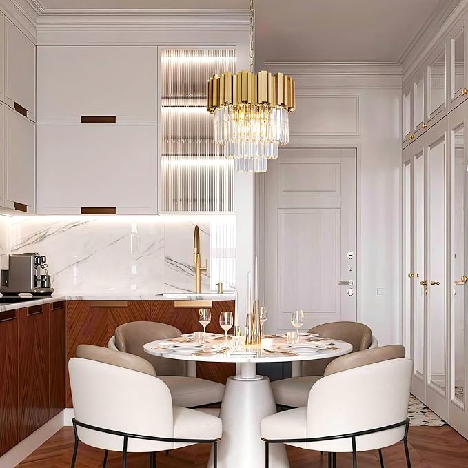 3-Tier 15.8" Modern Gold Crystal Chandelier, 5-Light Round K9 Crystal Pendant Light Fixture for Dining Room, Kitchen Island, Bedroom, Living Room, Foyer, Entryway