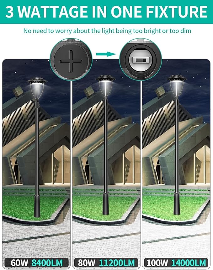 2 Pack LED Post Top Light ETL Listed 100W 80W 60W Adjustable Outdoor Pole Lights with Photocell IP65 Waterproof Post LED Fixture 5000K for Garden Yard Street Lighting