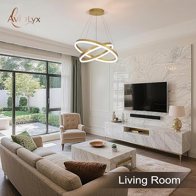 2 Rings Modern LED Chandelier Gold High Ceiling Ring Chandeliers with Remote Control Circular Pendant Light Dimmable for Dining Room Living Room Bedroom Hallway Kitchen Island 3000K-6500K