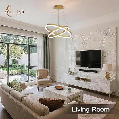 2 Rings Modern LED Chandelier Gold High Ceiling Ring Chandeliers with Remote Control Circular Pendant Light Dimmable for Dining Room Living Room Bedroom Hallway Kitchen Island 3000K-6500K