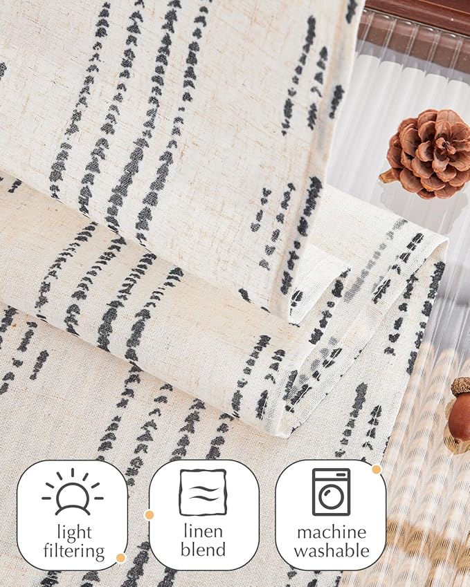 jinchan Boho Kitchen Curtains Linen Cafe Tier Curtains 24 Inch Bohemian Geometric Striped Mudcloth Small Window Drapes for Living Room Bathroom Cabinet Light Filtering Back Tab 2 Panels Black on Flax