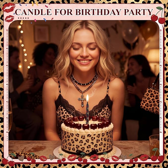 Conelist 12 Pcs Cheetah Cherry Themed Birthday Candles Cartoon Red Black Birthday Decorations Movie Cake Toppers for Themed Party Supplies
