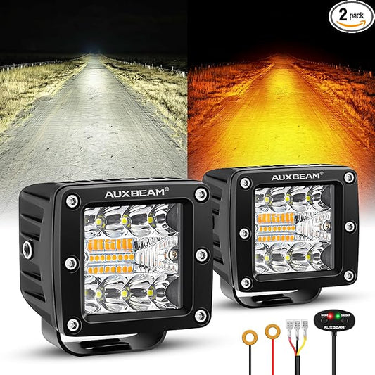 Auxbeam 6 Modes Amber White Series LED Cubes, 3Inch 72W LED Pods Dual Color Off-Road Strobe Lights, Spot Flood Combo Driving Offroad Ditch Lights Flashing Warning Functional, Pair