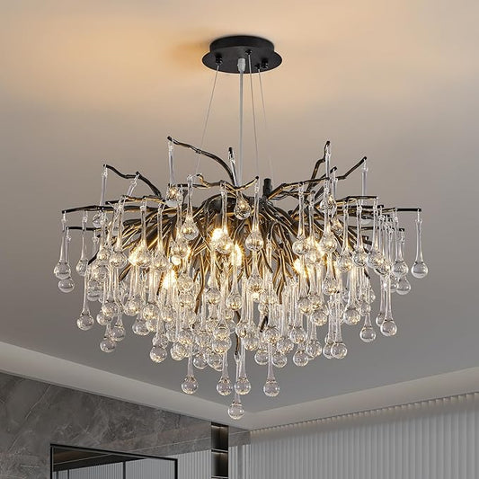 Modern Crystal Raindrop Chandelier, Black Round Art Deco Tree Branch Lighting Fixture for Dining Room Living Room Foyer 13 Lights D31.5''