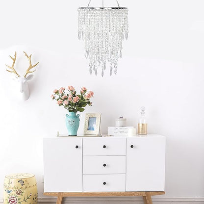 Acrylic Chandelier Shade, Ceiling Light Shade Beaded Pendant Lampshade with Crystal Beads and Chrome Frame for Bedroom, Wedding or Party Decoration, Diameter 8.7'' 3 Tiers